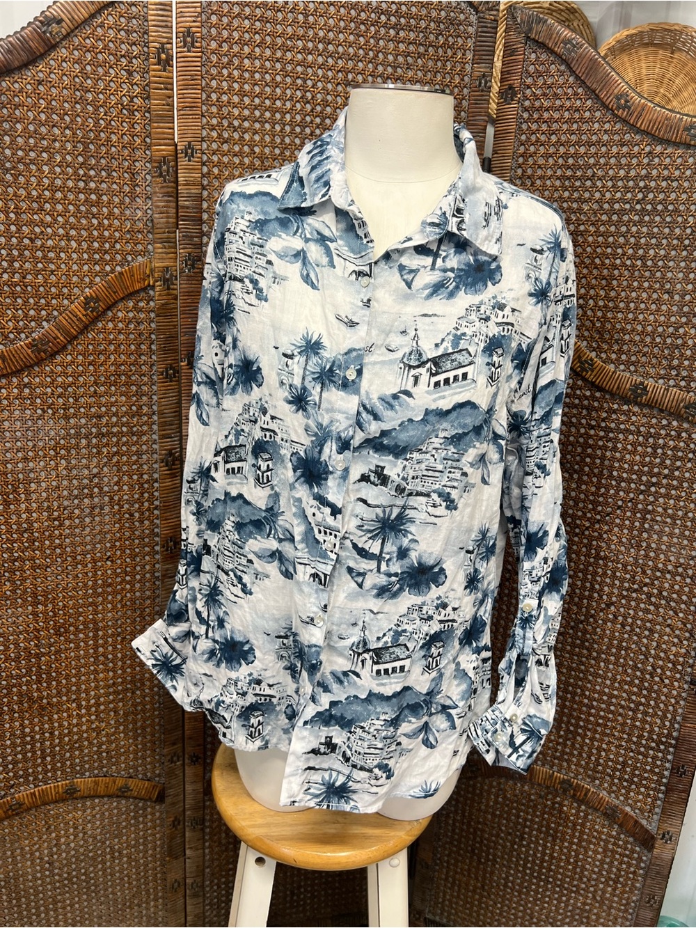 Cynthia Rowley coastal linen top blue white large tropical long sleeve button up